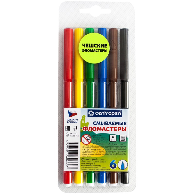 картинка Фломастеры, 6 цв, 6 шт, смываемые, "Washable", CENTROPEN, 7 7790 0685 от магазина Альфанит в Кунгуре