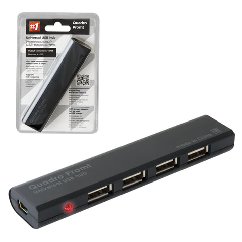 картинка Разветвитель Defender Quadro Promt, USB 2.0, 4 порта, черный, разъем для блока питания, 83200 от магазина Альфанит в Кунгуре