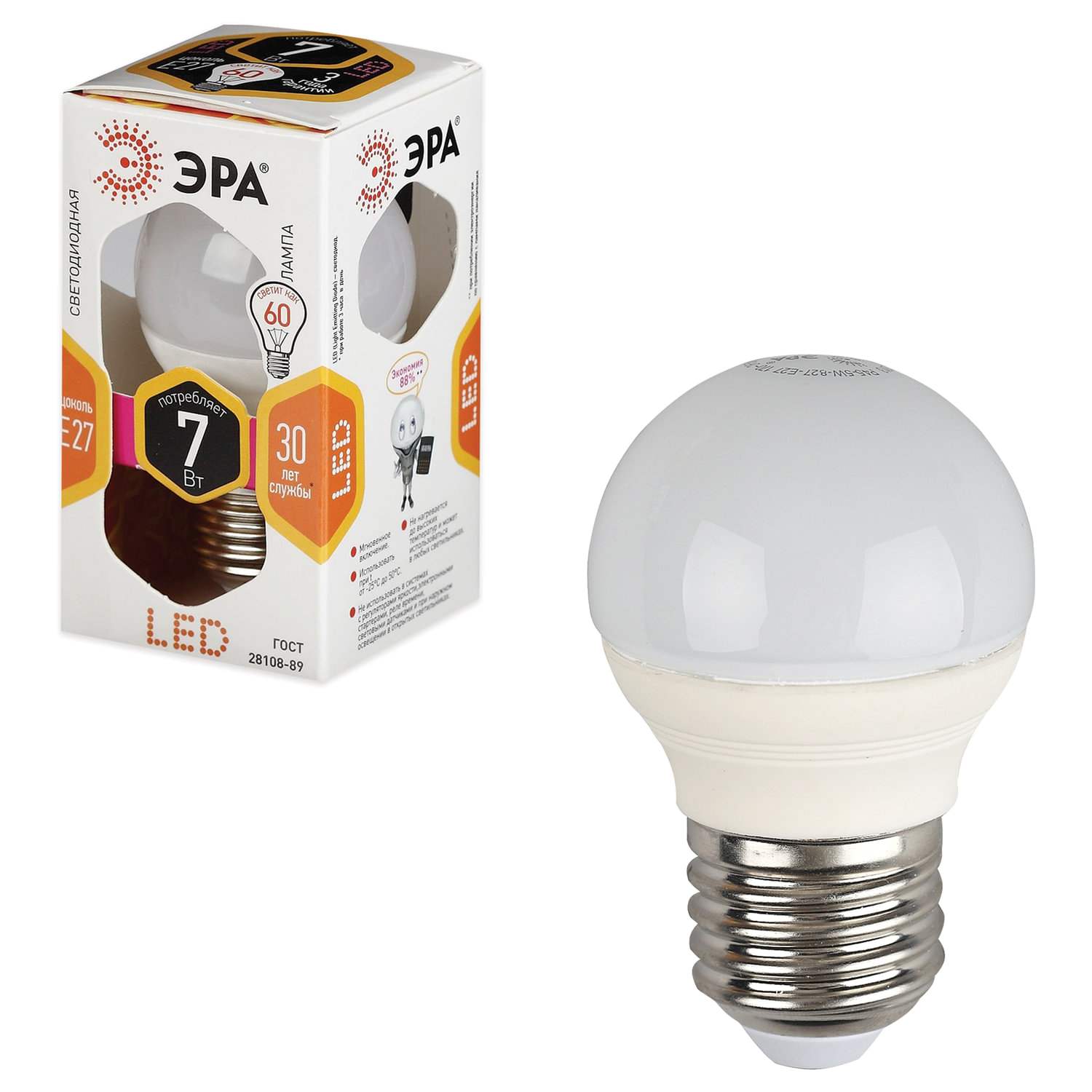 картинка Лампа светодиодная, цоколь Е27, шар, теплый белый, 30000 ч, ЭРА, LED smdP45-7w-827-E27 от магазина Альфанит в Кунгуре