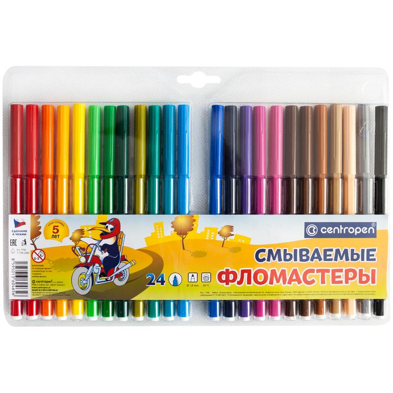 картинка Фломастеры, 24 цв, 24 шт, смываемые, "Washable", CENTROPEN, 7 7790 2485 от магазина Альфанит в Кунгуре