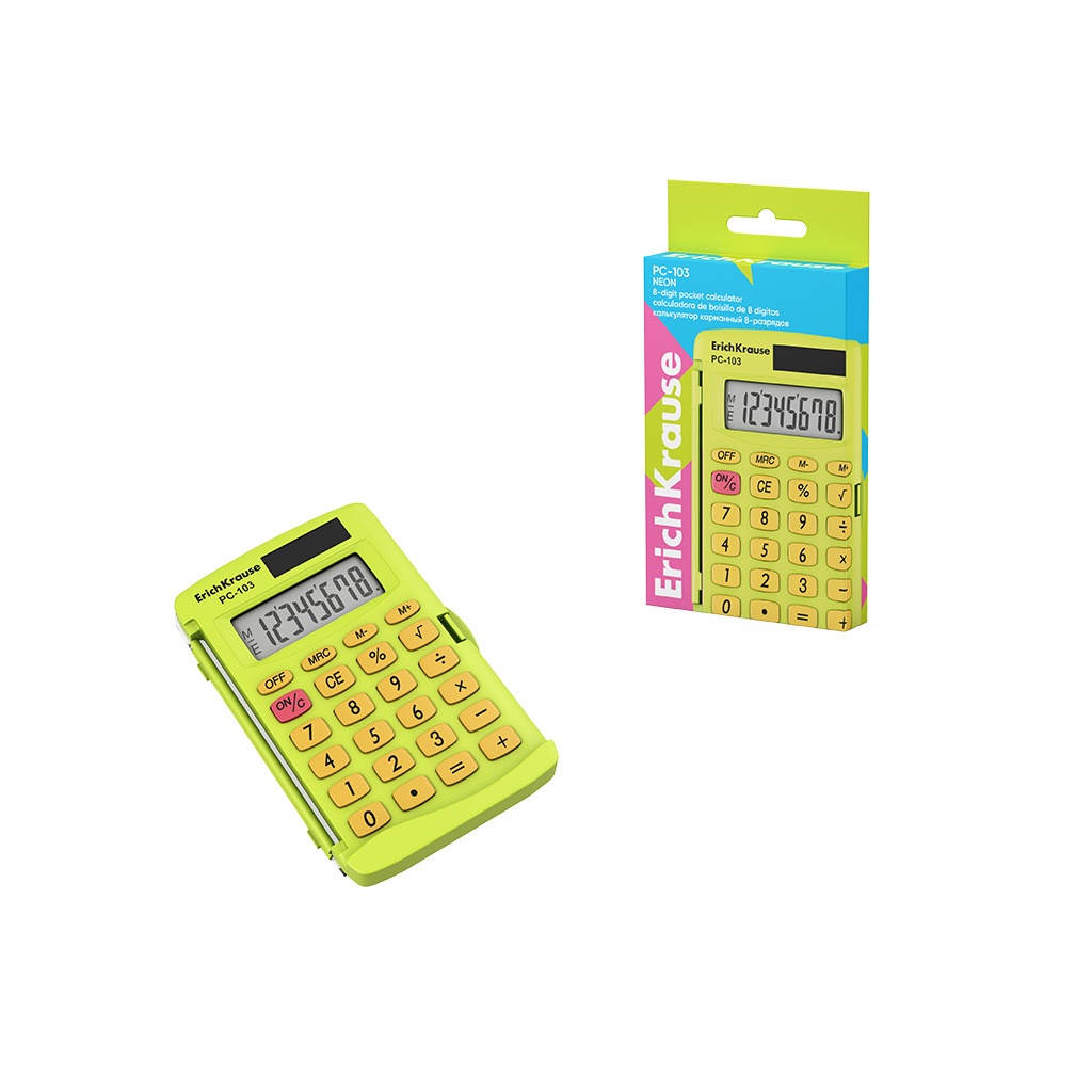 картинка Калькулятор карманный, 8 разрядов, желтый, "PC-103 Neon", Erich Krause, 62018 от магазина Альфанит в Кунгуре