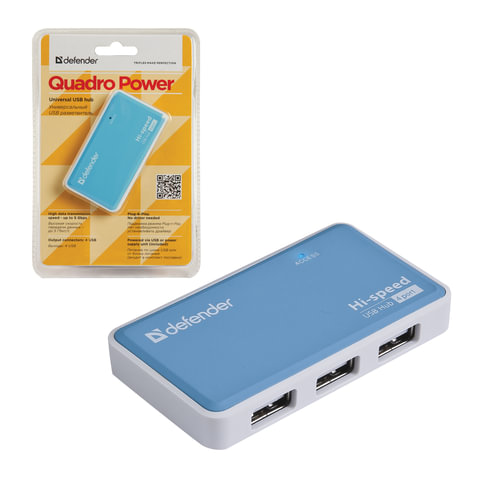 картинка Разветвитель Defender Quadro Power, USB 2.0, 4 порта, белый/голубой от магазина Альфанит в Кунгуре