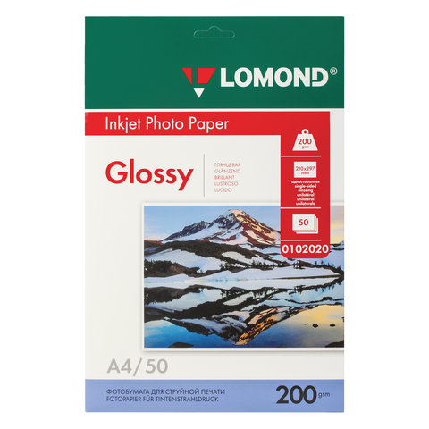 картинка Фотобумага Lomond А4, 200г/м2, 50л, белая, глянцевая, для струйной печати, 0102020 от магазина Альфанит в Кунгуре