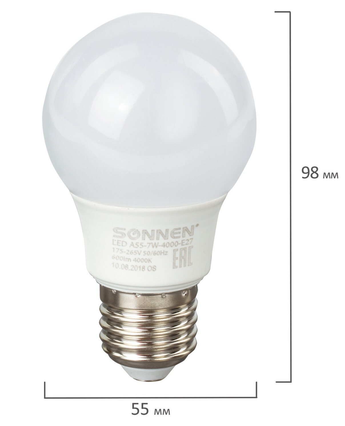 картинка Лампа светодиодная, цоколь E27, груша, нейтральный белый свет, 30000 ч, SONNEN, A55-7W-4000-E27 от магазина Альфанит в Кунгуре