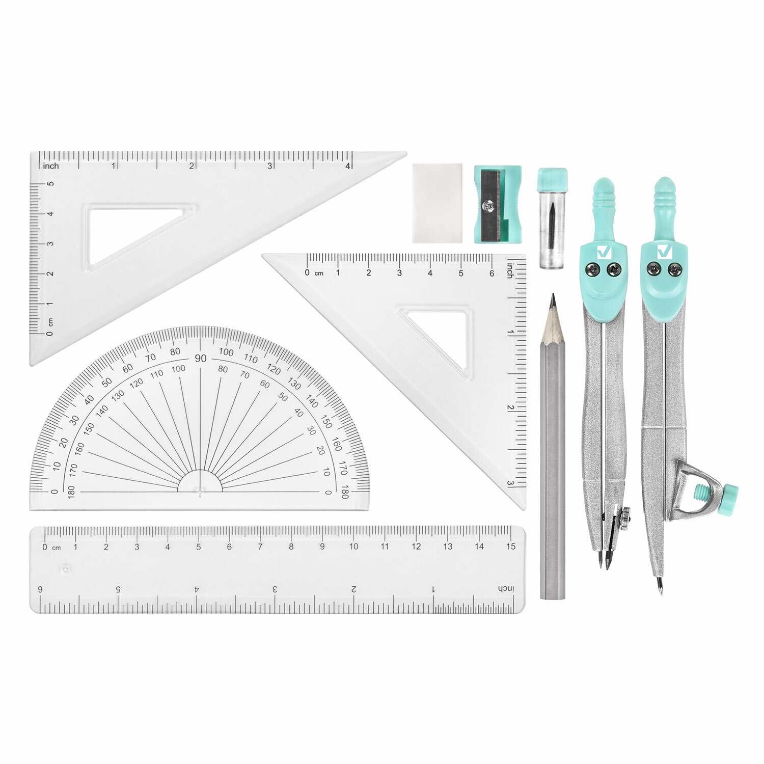 картинка Готовальня 11 предметов, мятный, пластиковый футляр, "School Kit", BRAUBERG, 210706 от магазина Альфанит в Кунгуре