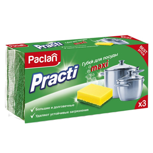 картинка Губка для мытья посуды 3 шт, с чистящим слоем, "Practi Maxi", Paclan, ш/к4125 от магазина Альфанит в Кунгуре