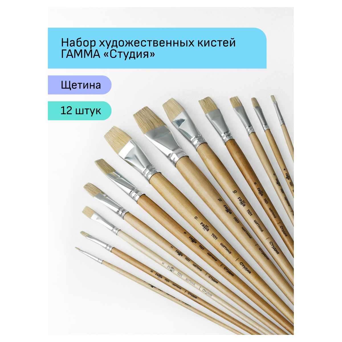 картинка Набор кистей 12 шт, № 1, 2, 3, 4, 5, 6, 7, 8, 9, 10, 11, 12, щетина, плоские, "Студия", Гамма, 11001012 от магазина Альфанит в Кунгуре
