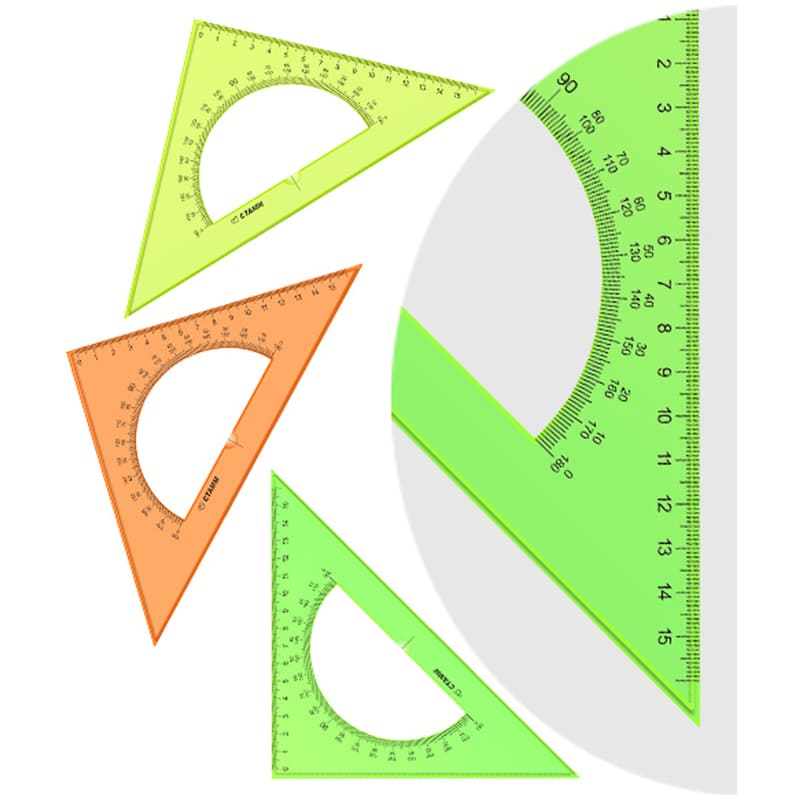 картинка Треугольник 45°, 16 см, пластик, прозрачный неон, с транспортиром, СТАММ, ТК61 от магазина Альфанит в Кунгуре