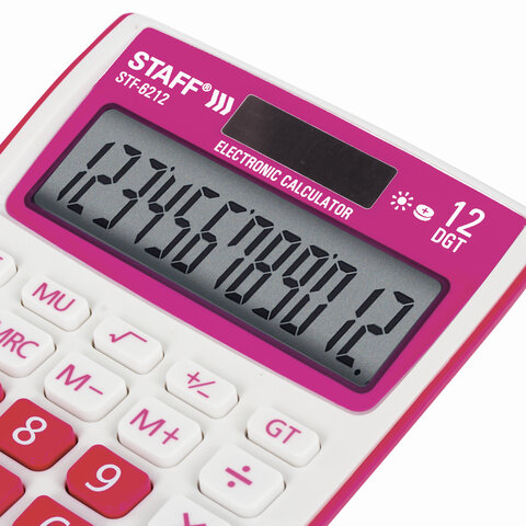картинка Калькулятор настольный, 12 разрядов, 14,8*10,5 см, двойное питание, малиновый, "STF-6212", STAFF, 250291 от магазина Альфанит в Кунгуре