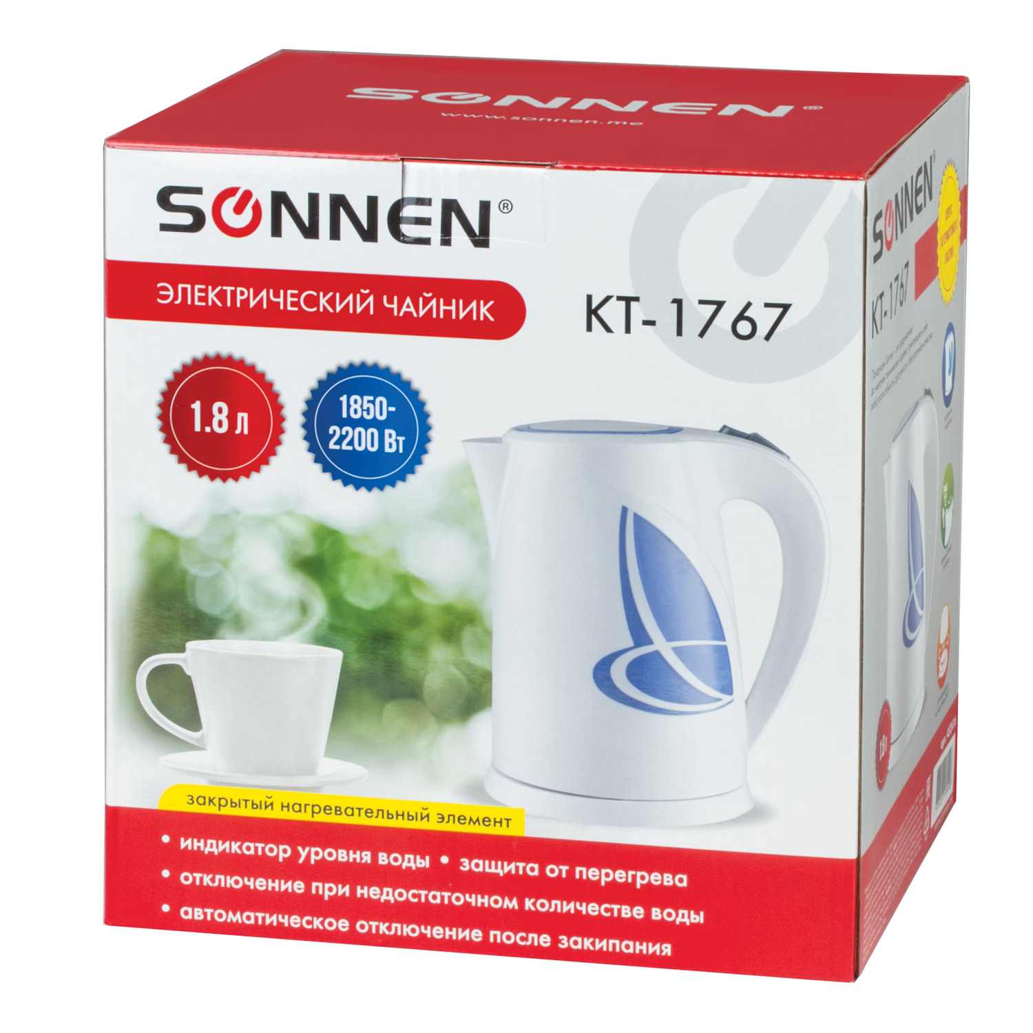 картинка Чайник SONNEN KT-1767, закрытый нагр., элемент, обьем 1,8л, 2200Вт, белый/синий, 453416 от магазина Альфанит в Кунгуре