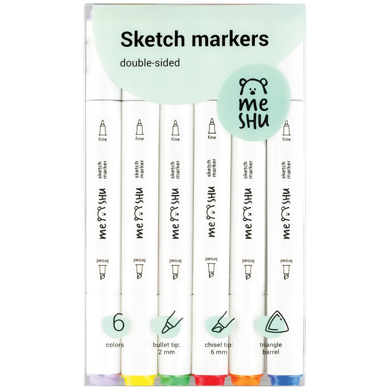 картинка Скетч-маркеры двусторонние, 6 цв, 6 шт, трехгранный корпус, основные цвета, MESHU, MS_38249 от магазина Альфанит в Кунгуре