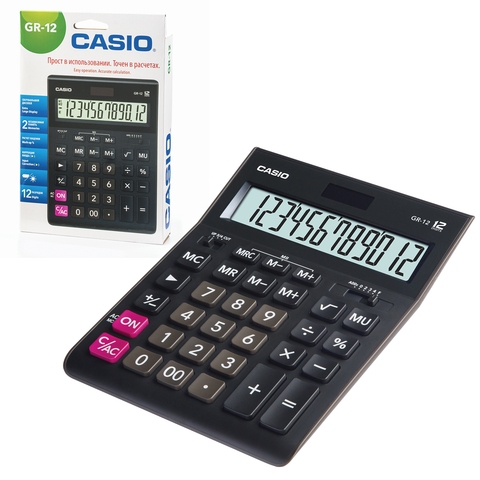 картинка Калькулятор настольный, 12 разрядов, 20,9*15,5 см, двойное питание, черный, "GR-12-W", CASIO, 250380 от магазина Альфанит в Кунгуре