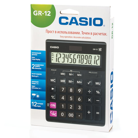 картинка Калькулятор настольный, 12 разрядов, 20,9*15,5 см, двойное питание, черный, "GR-12-W", CASIO, 250380 от магазина Альфанит в Кунгуре