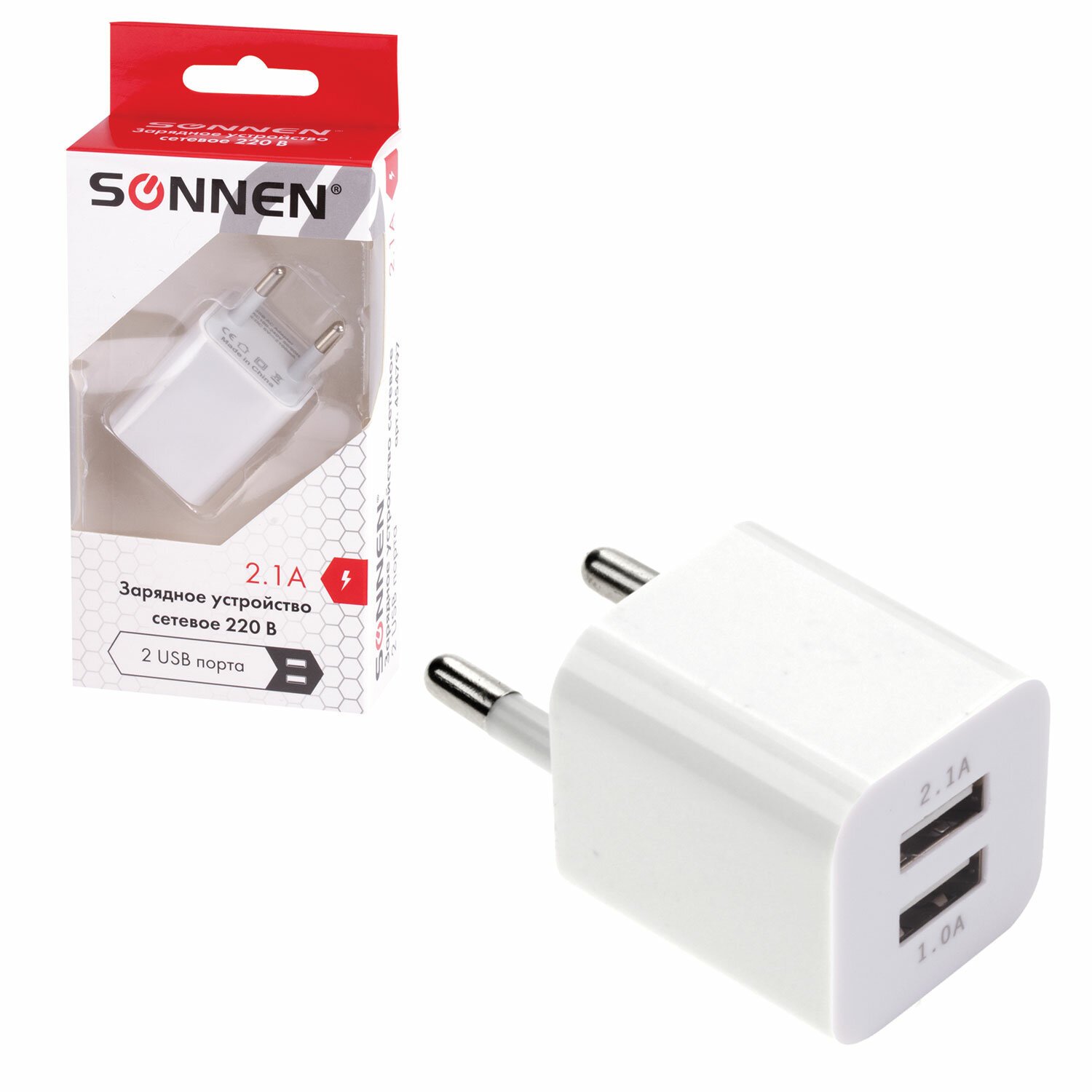картинка Сетевое зарядное устройство, 2 порта USB, выходной ток 2,1 А, белое, SONNEN, 454797 от магазина Альфанит в Кунгуре