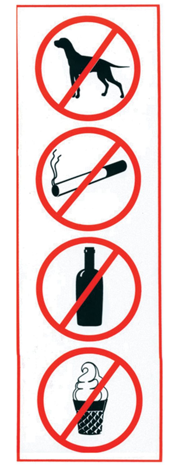 картинка Знак запрещающий, 30*10 см, самоклеящийся, "Запрещение: курить, пить, есть, прохода с животными",   610033/НП-В-Б ОЗ от магазина Альфанит в Кунгуре