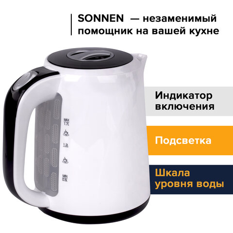 картинка Чайник SONNEN KT-002B, 1,7 л, 2200 Вт, закрытый нагревательный элемент, белый/черный, 454994 от магазина Альфанит в Кунгуре