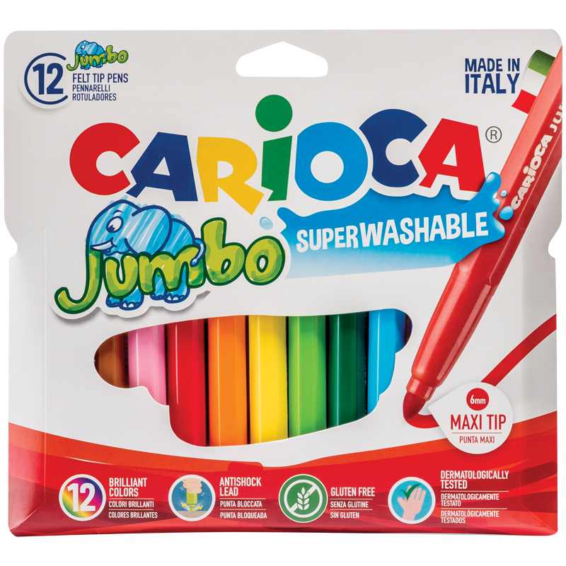 картинка Фломастеры, 12 цв, 12 шт, утолщенный корпус, смываемые, "Jumbo", Carioca, 40565 от магазина Альфанит в Кунгуре