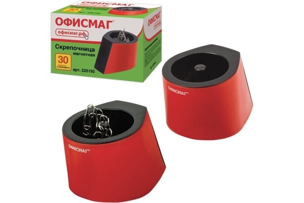 картинка Cкрепочница магнитная, с 30 скрепками, красно-черная, ОФИСМАГ, 225192 от магазина Альфанит в Кунгуре
