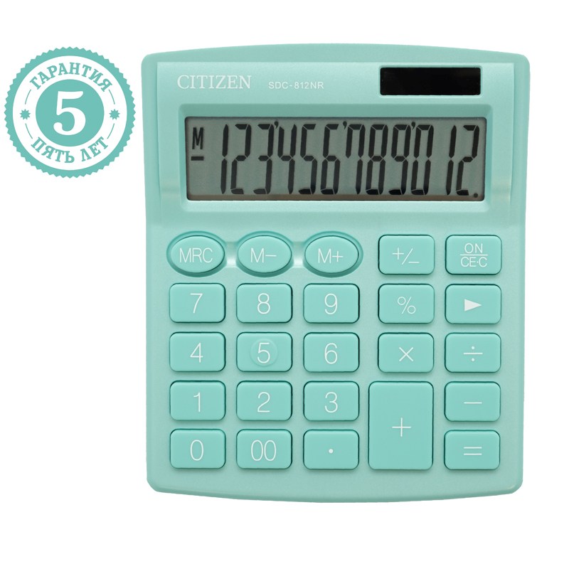 картинка Калькулятор настольный, 12 разрядов, 10,2*12,4 см, двойное питание, бирюзовый, "SDC-812NR-GN", CITIZEN от магазина Альфанит в Кунгуре