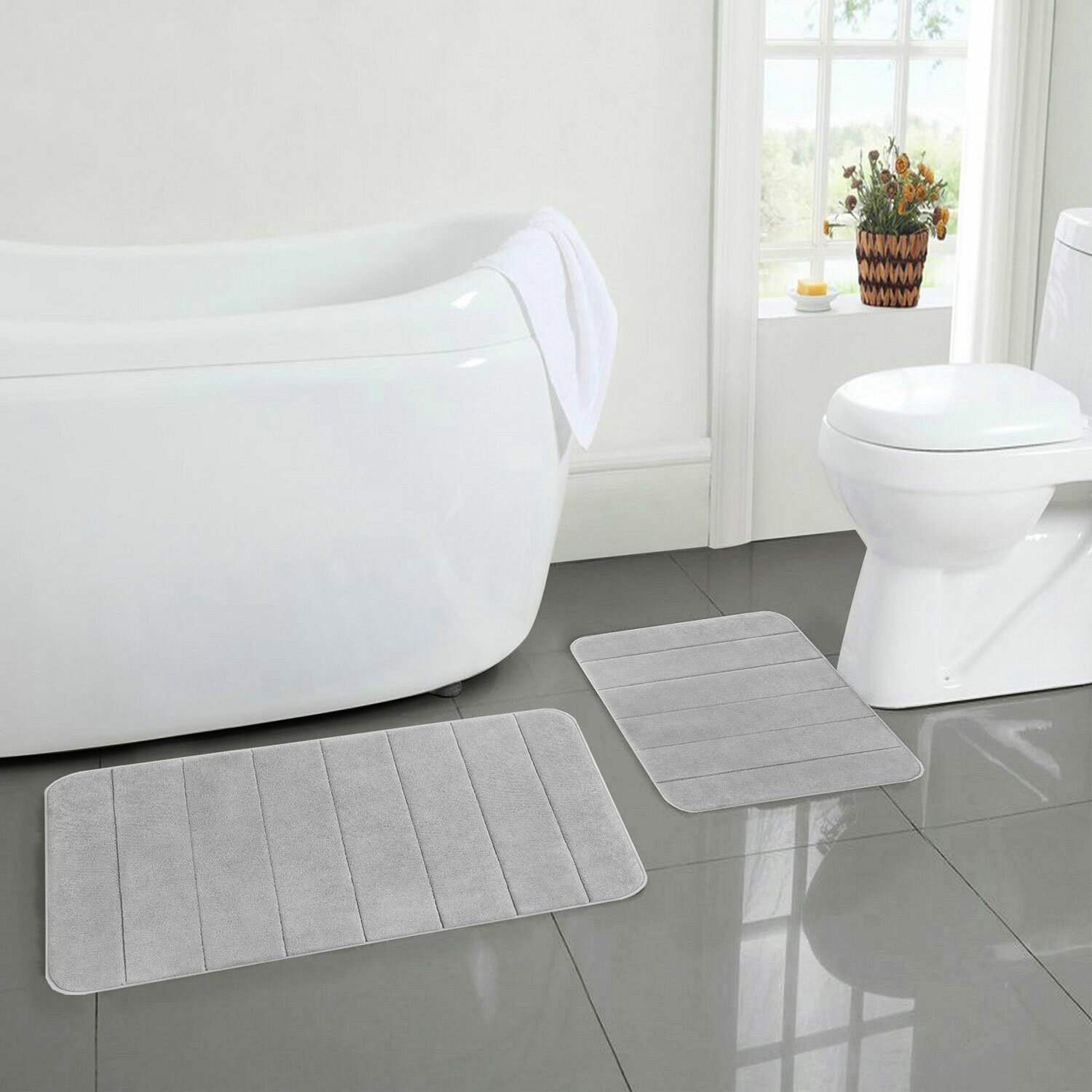 картинка Набор ковриков для ванны и туалета 2 шт, 40*60 см и 50*80 см, светло-серый, "Memory Effect", 608446 от магазина Альфанит в Кунгуре