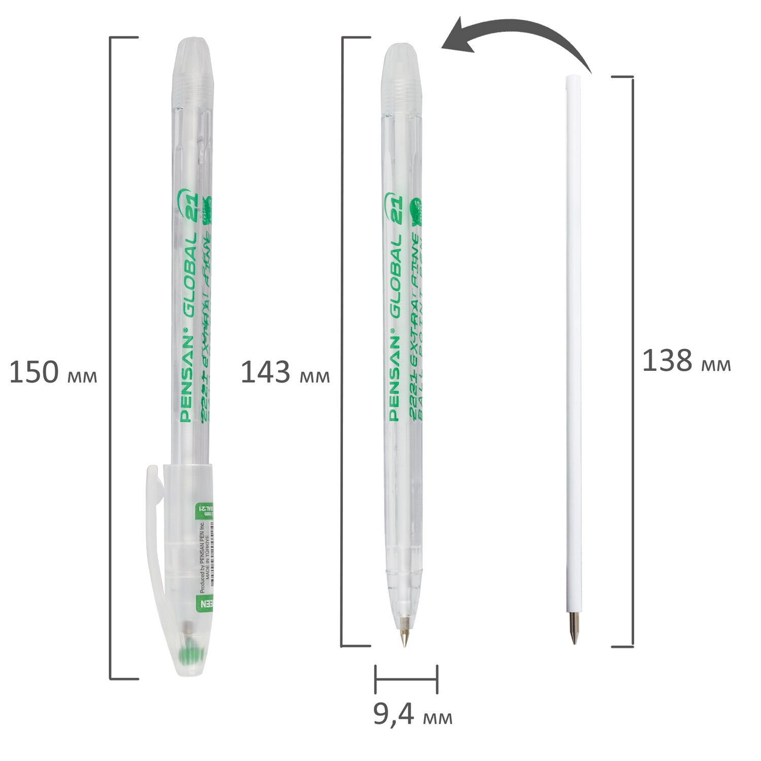 картинка Ручка шариковая масляная, 0,5 мм, зеленая, корп. белый, "Global-21", PENSAN, 2221 от магазина Альфанит в Кунгуре