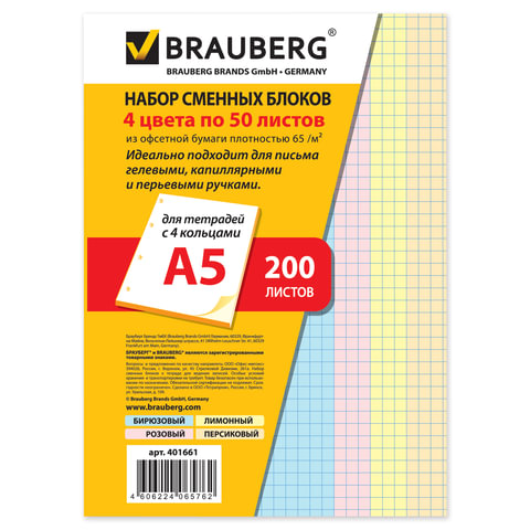 картинка Сменный блок для тетради на кольцах 200 л, А5, цветной, BRAUBERG, 401661 от магазина Альфанит в Кунгуре