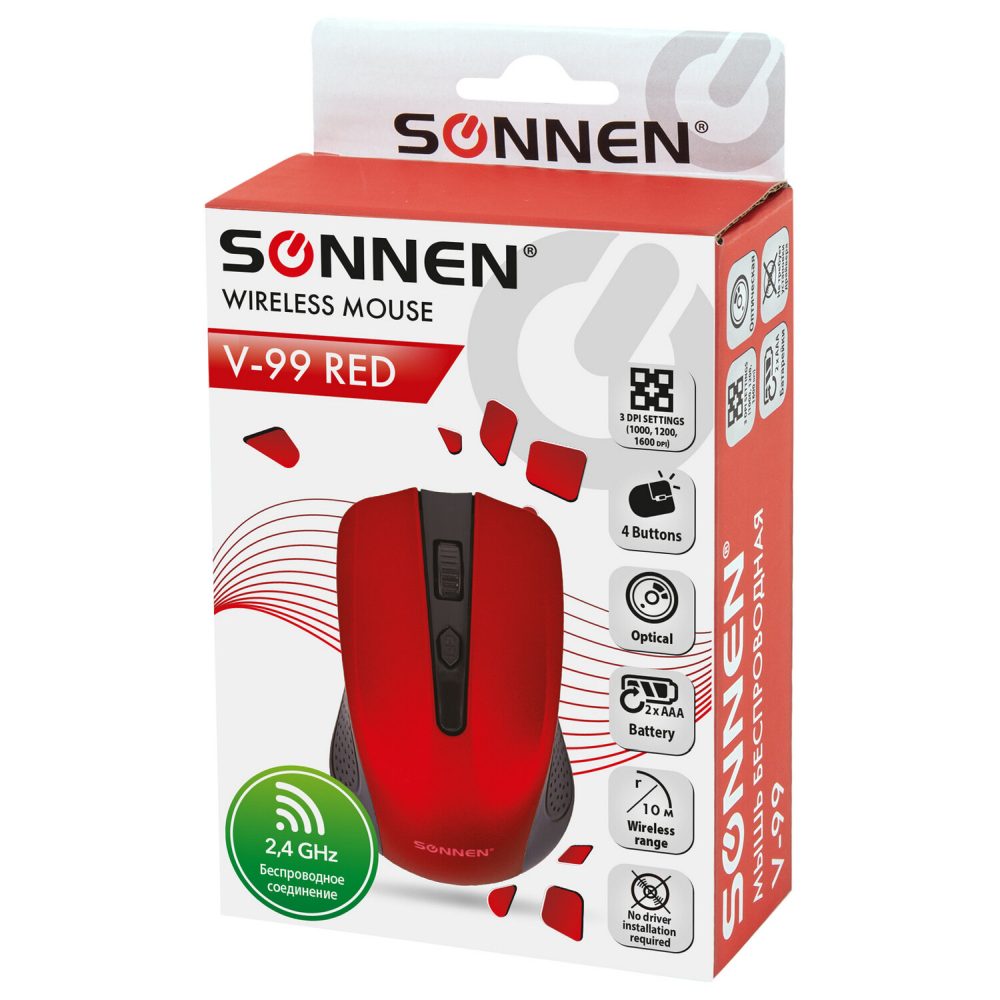 картинка Мышь беспроводная SONNEN V99, 1000-1600 dpi, красный, 513529 от магазина Альфанит в Кунгуре