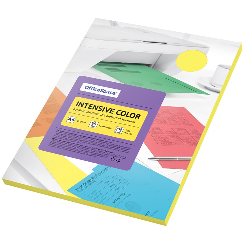 картинка Бумага офисная цветная, А4, 100 л, 1 цв, 80 г/м2, желтый, "Intensive Color", OfficeSpace, IC_38227 от магазина Альфанит в Кунгуре