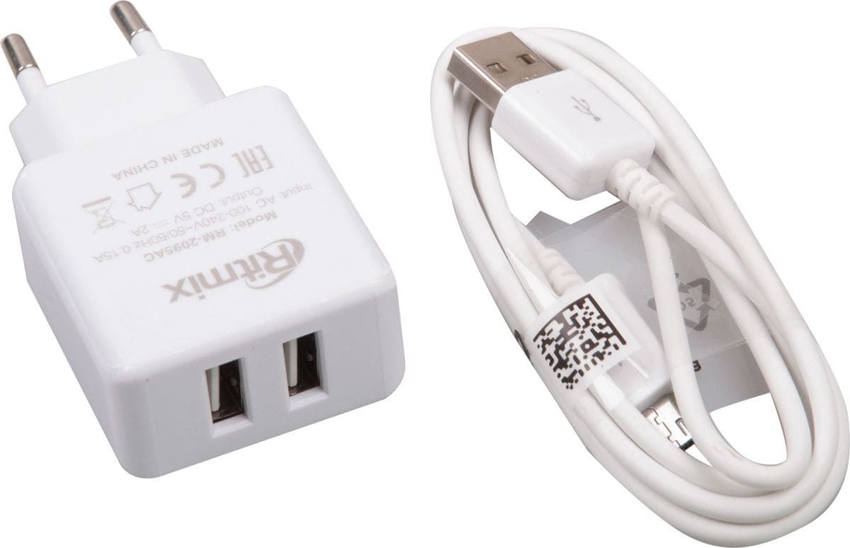 картинка Зарядное устройство Ritmix 2095, 2*USB: 5V/2A, в комплекте кабель USB-micro USB, белый от магазина Альфанит в Кунгуре