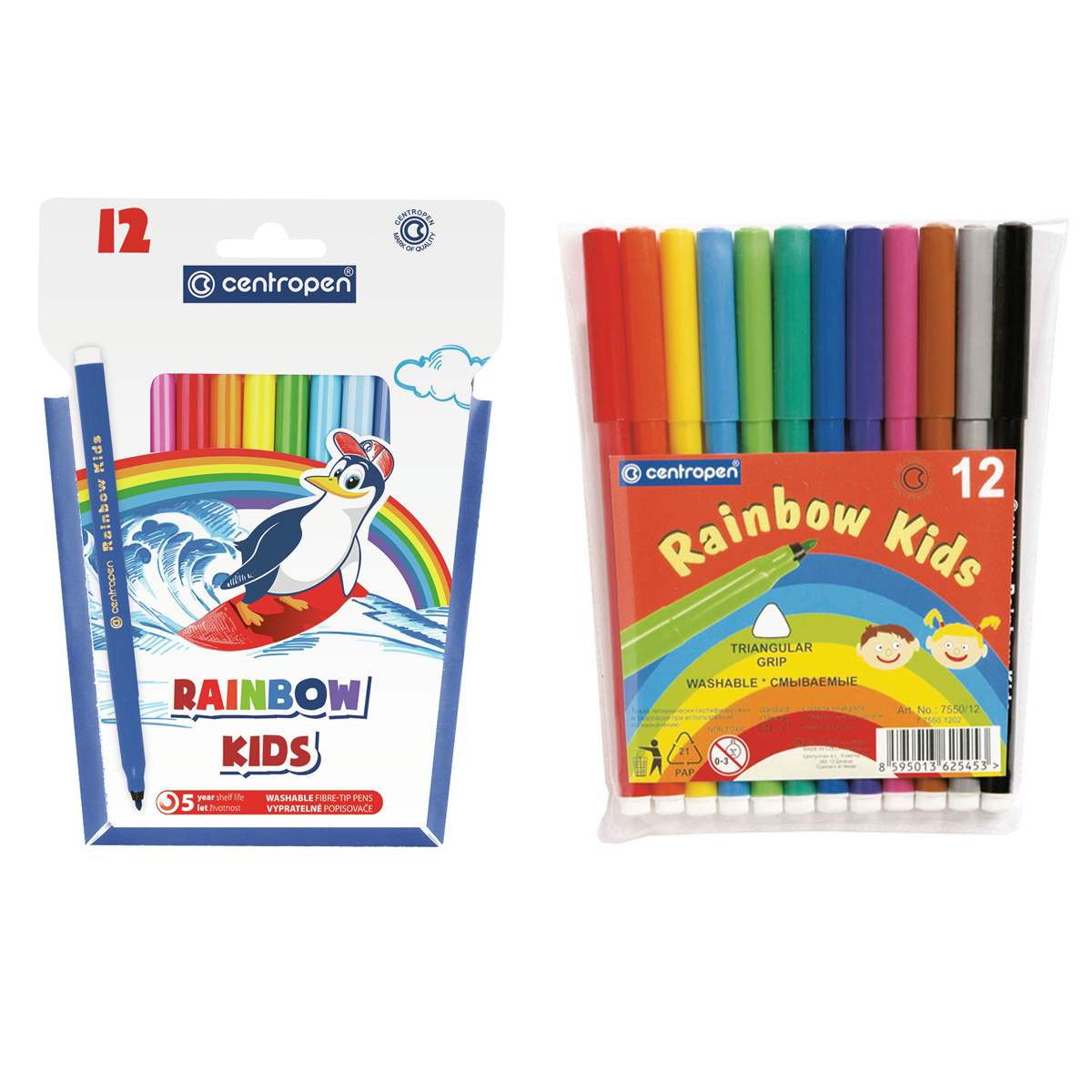 картинка Фломастеры, 12 цв, 12 шт, трехгранный корпус, смываемые, "Rainbow Kids", CENTROPEN, 7 7550 1202 от магазина Альфанит в Кунгуре
