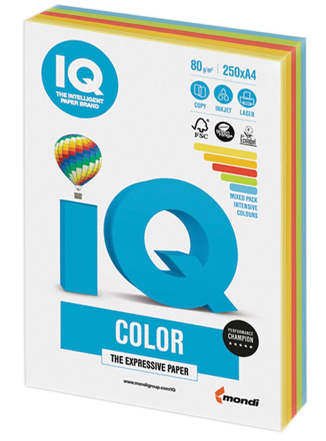 картинка Бумага офисная цветная, А4, 250 л, 5 цв, 80 г/м2, интенсив, IQ, RB02 от магазина Альфанит в Кунгуре