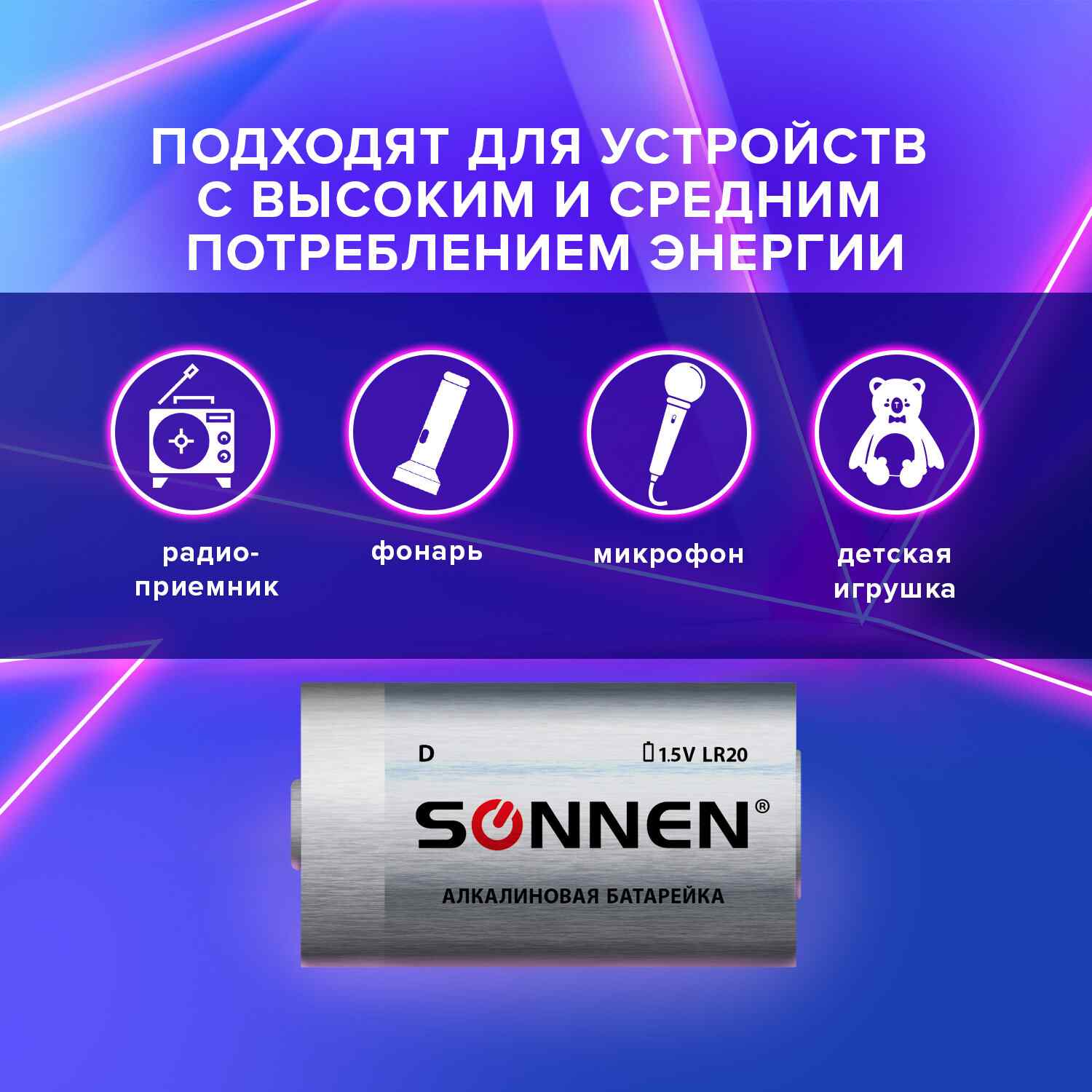 картинка Батарейки LR20, 2*BI, SONNEN Alkaline, 451091 от магазина Альфанит в Кунгуре