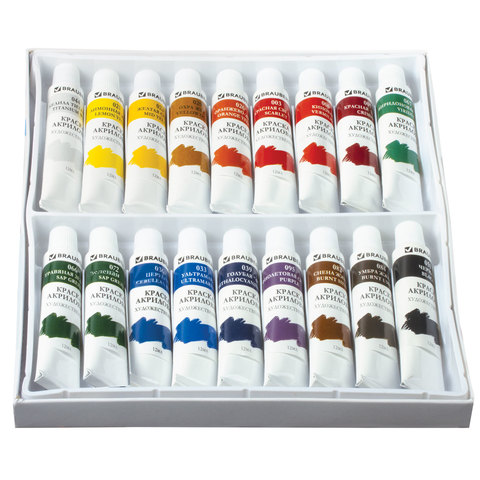 картинка Краски акриловые, 18 цв, 18 шт по 12 мл, туба, "Art debut", BRAUBERG, 191126 от магазина Альфанит в Кунгуре