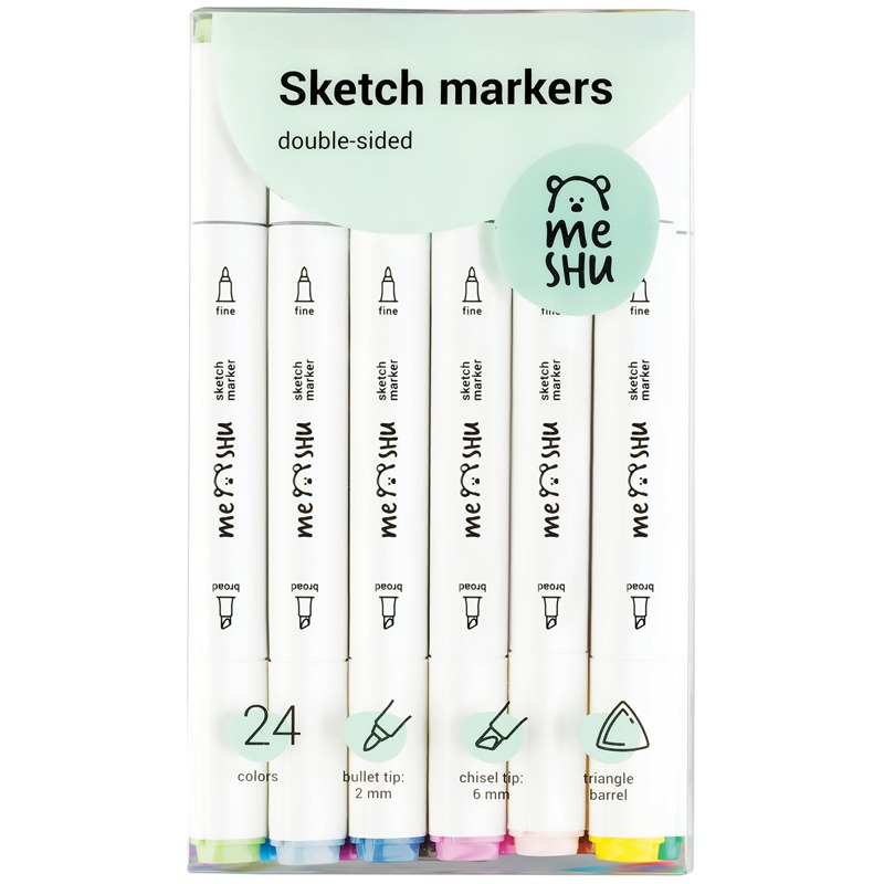 картинка Скетч-маркеры двусторонние, 24 цв, 24 шт, трехгранный корпус, в коробке, основные цвета, MESHU, MS_38264 от магазина Альфанит в Кунгуре