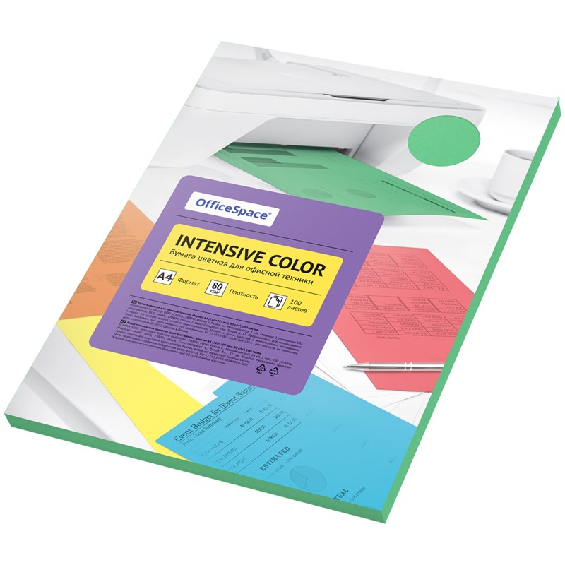 картинка Бумага офисная цветная, А4, 100 л, 1 цв, 80 г/м2, зеленый, "Intensive Color", OfficeSpace, IC_38228 от магазина Альфанит в Кунгуре