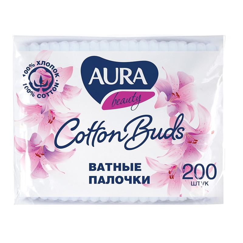 картинка Ватные палочки, 200 шт, в пакете, "Cotton Buds", AURA от магазина Альфанит в Кунгуре