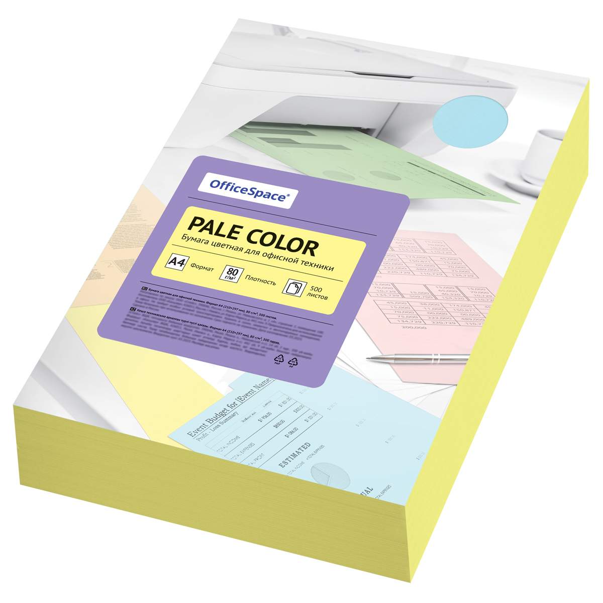 картинка Бумага офисная цветная, А4, 500 л, 1 цв, 80 г/м2, желтый, "Pale Color", OfficeSpace, 356859 от магазина Альфанит в Кунгуре