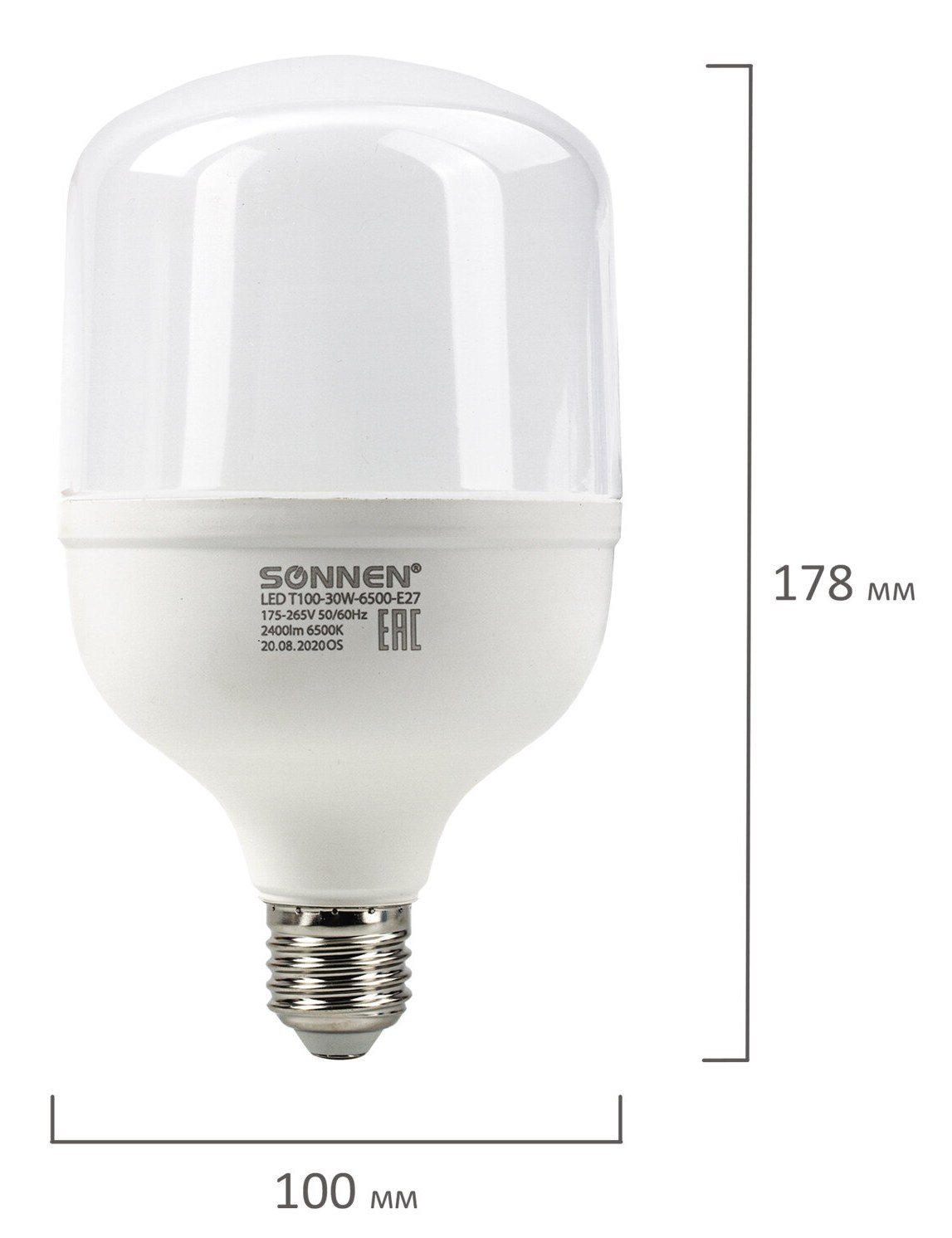 картинка Лампа светодиодная, цоколь Е27, цилинд, холодный белый, 30000 ч, SONNEN, Т100-30W-6500-E27, 454924 от магазина Альфанит в Кунгуре