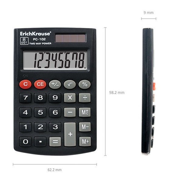 картинка Калькулятор карманный, 8 разрядов, 6,2*9,8 см, двойное питание, "РС-102", Erich Krause, 40102 от магазина Альфанит в Кунгуре