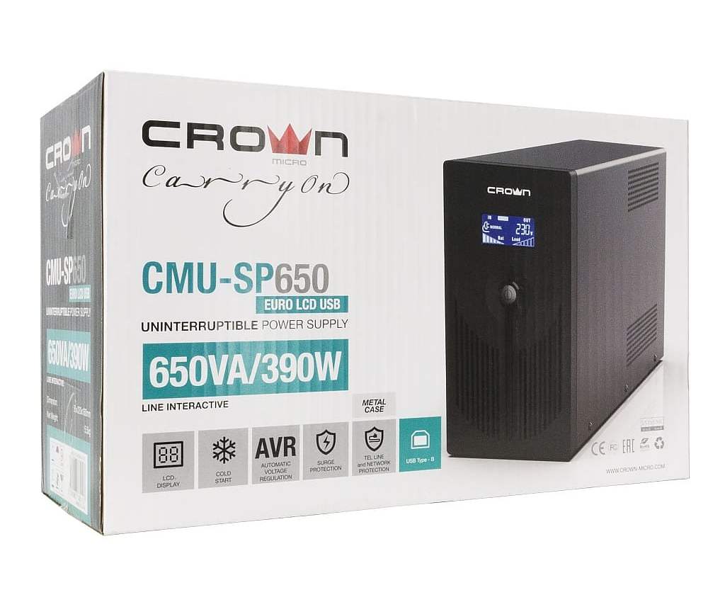 картинка ИБП Crown CMU-SP650EURO, LCD, USB, 650VA/360W, 2 EURO розетки от магазина Альфанит в Кунгуре