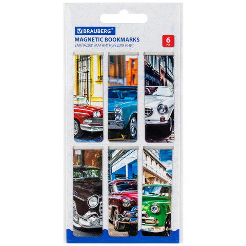 картинка Набор закладок магнитных, 6 шт, 60*20 мм, ассорти, "Retro Cars", BRAUBERG, 113158 от магазина Альфанит в Кунгуре