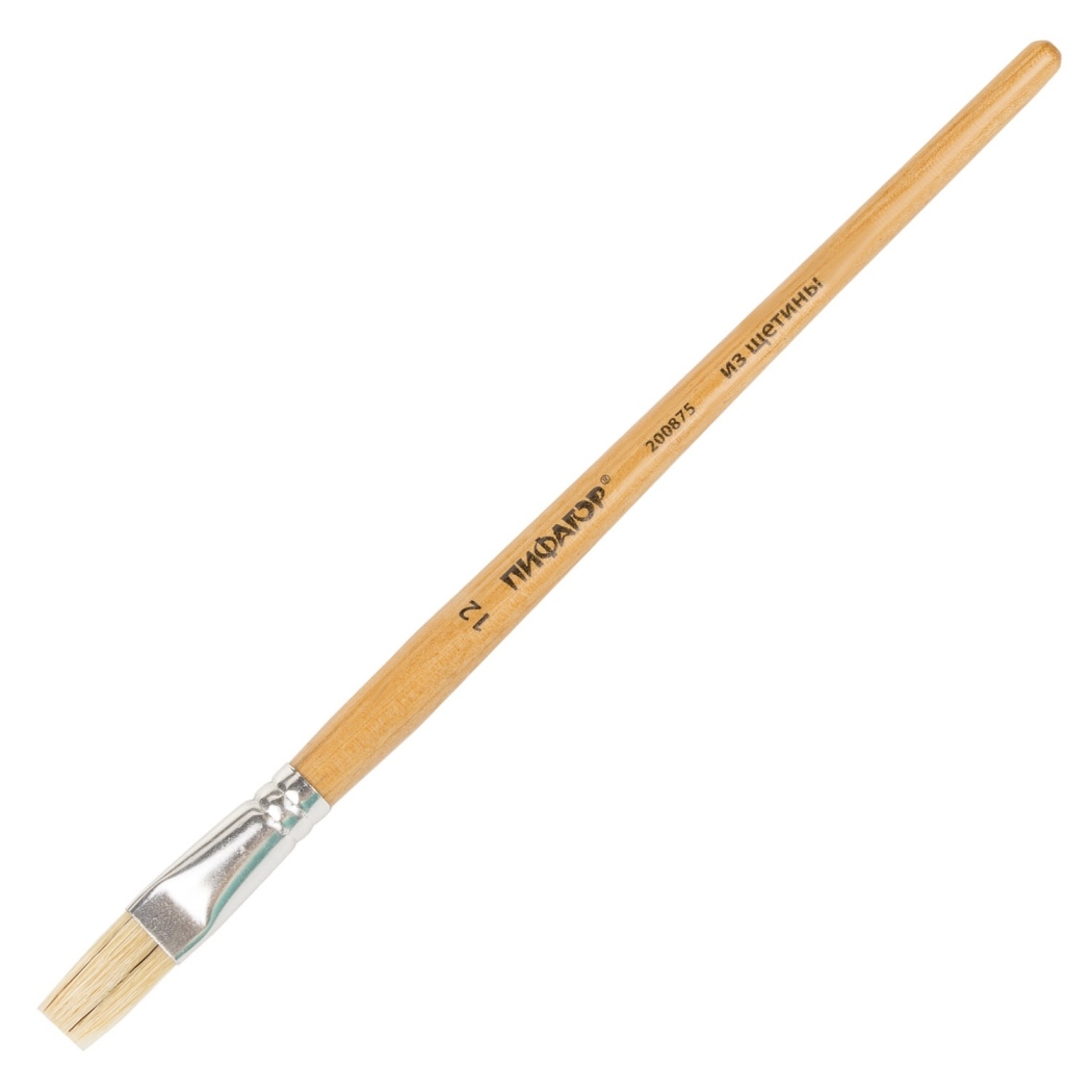 картинка Кисть № 12, щетина, плоская, деревянная лакированная ручка, ПИФАГОР, 200875 от магазина Альфанит в Кунгуре