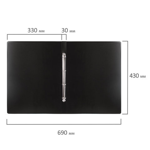 картинка Папка на 4-х кольцах, А3, 800 мкм, корешок 30 мм, до 250 л, пластик, черный, вертикальная, "Стандарт", BRAUBERG, 225776 от магазина Альфанит в Кунгуре
