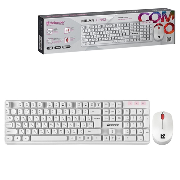 картинка Комплект беспроводной (клавиатура + мышь) Defender Milan C-992 RU, USB, белый, 45994 от магазина Альфанит в Кунгуре