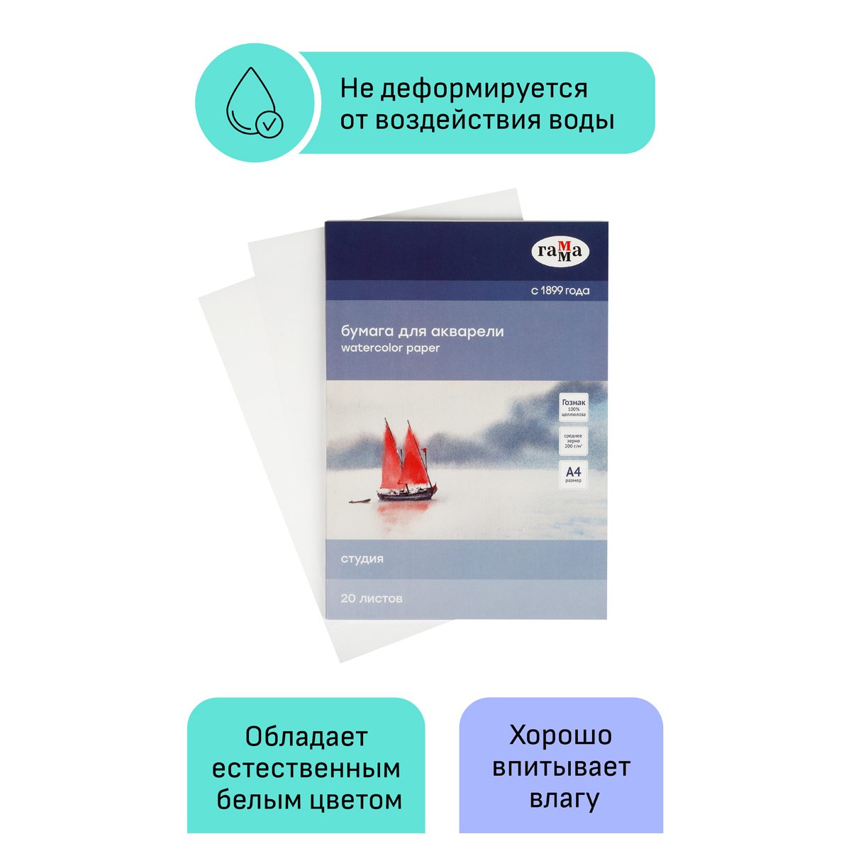 картинка Папка для акварели, А4, 20 л, 200 г/м2, среднее зерно, "Студия", Гамма, 40C03F720W от магазина Альфанит в Кунгуре