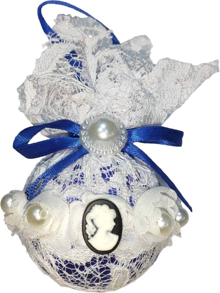 картинка Елочный шар, сине-белый с цветами от магазина Альфанит в Кунгуре