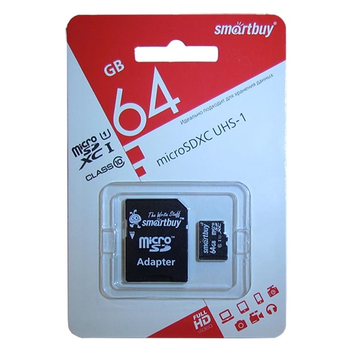 картинка Карта памяти micro-SDHC SmartBuy 64 GB Class 10, с адаптером, SB64GBSDL10-01 от магазина Альфанит в Кунгуре