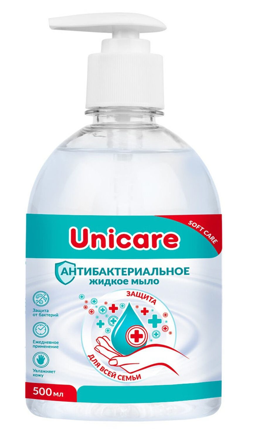 картинка Мыло жидкое, 500 мл, бутыль с дозатором, антибактериальное, UNICARE, UC501005 от магазина Альфанит в Кунгуре