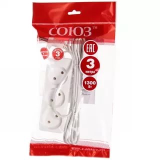 картинка Удлинитель Союз, 3 розетки, 3,0 м, белый, без заземления от магазина Альфанит в Кунгуре