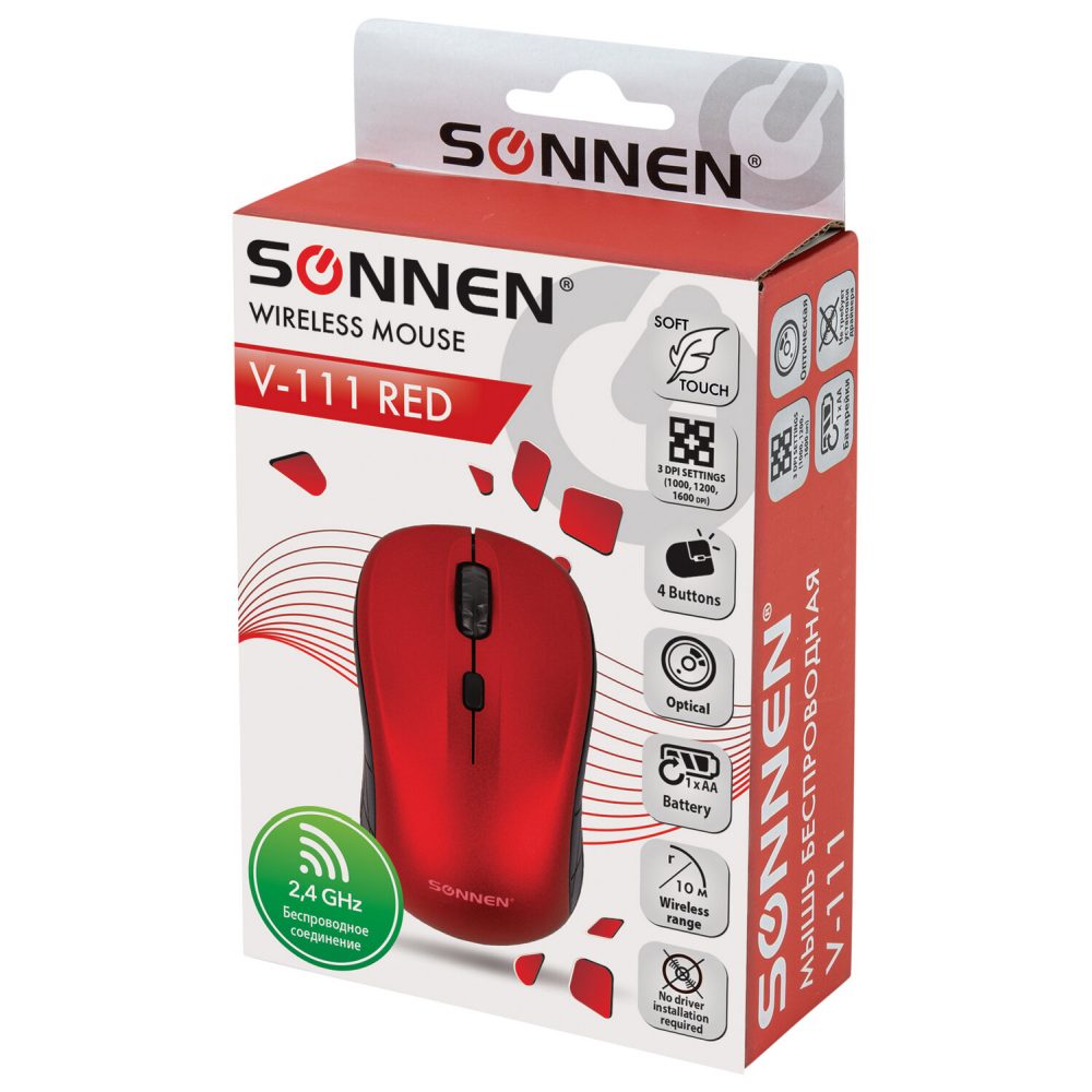 картинка Мышь беспроводная SONNEN V-111, 800-1600 dpi, красный, 513520 от магазина Альфанит в Кунгуре